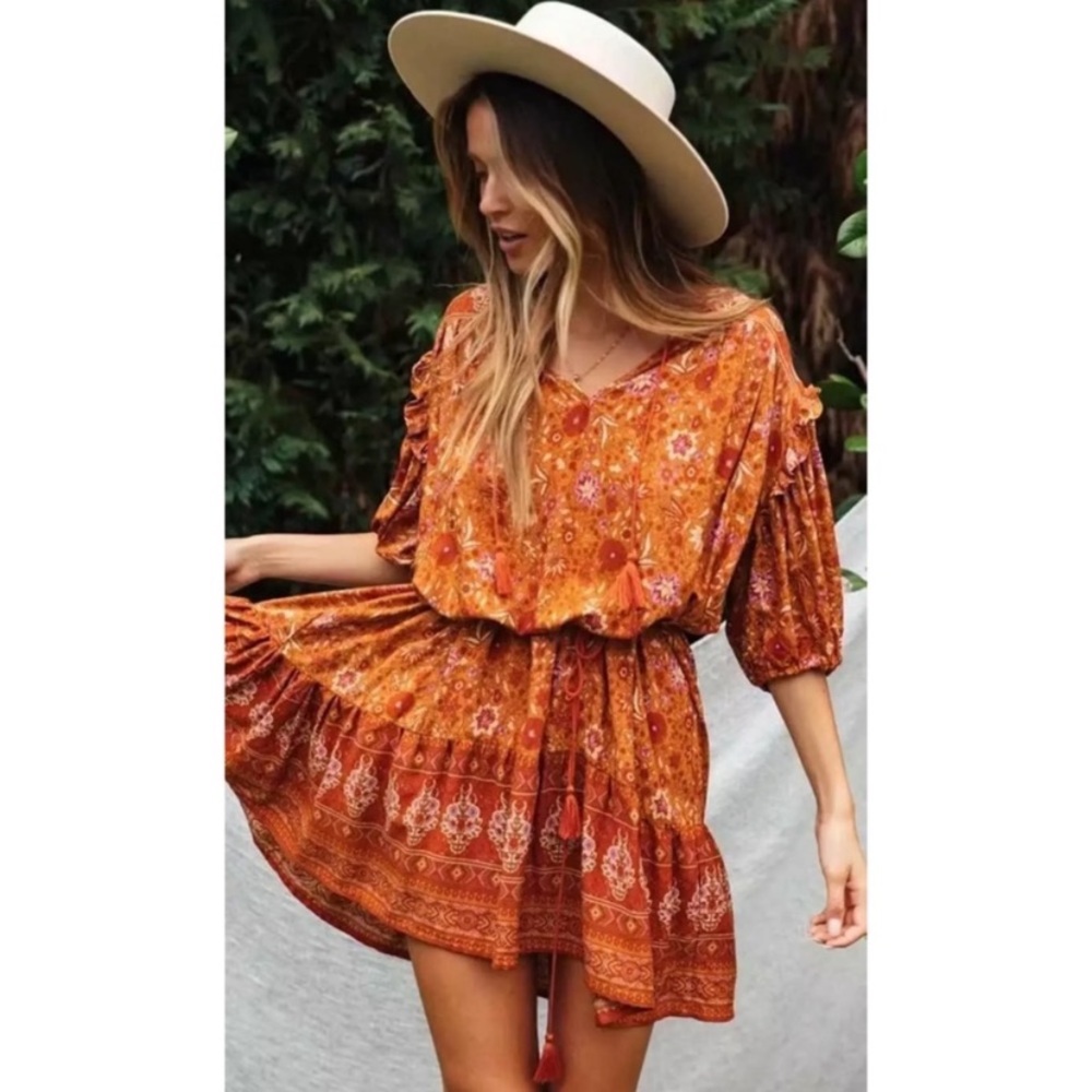 Rust Floral Boho Ruffle 3/4 Sleeve Mini Dress - Picture 2 of 9